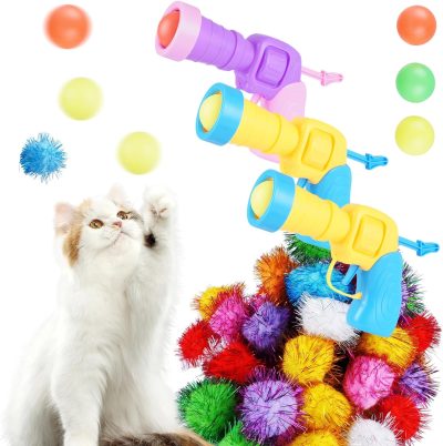Inbelive 158pcs Cat Ball Launcher Set, Interactive Cat Toy Pom Pom Balls for Bored, Lightweight and Silent Cat Toys Pet Ball Launcher Plush Ball Shoot Gun Toy for Indoor Cats Kitten (Glitter Balls)