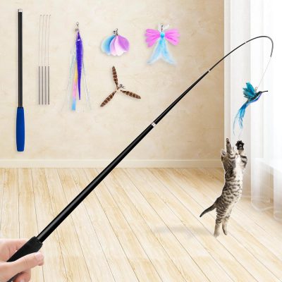 Inbelive 2024 latest Cat Toys, 2 in 1 Spring Cat Wand Toy with 2PCS Ultra-long Cat Teaser, 4PCS Spring Steel Wire & 5PCS Feather Refills for Kitty Kitten Indoor Cats Cat Accessories