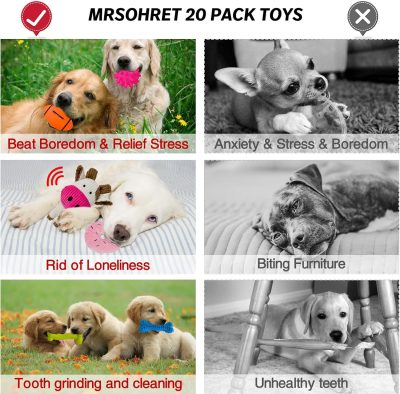Inbelive 20Pcs Puppy Chew Toys for Teething, Dog Chew Toys with Rope Toys, Pet Dog Toothbrush, Treat Balls, Dog Plush Toys and Squeaky Toys for Small Medium Dogs, Cute Dog Toy with Basket