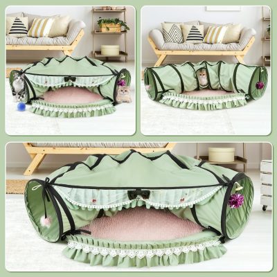 Inbelive Cat Tunnel Toy Bed 2-in-1, Collapsible Cat Tunnels Tubes Toys with Washable Removable Mat Beds for Indoor Pet Cats Kittens Matcha