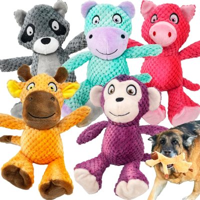 Inbelive 5 Pack Squeaky Plush Toys Assortment Value Bundle Puppy Pet Mutt Squeak Toy for Medium Large Dogs Made Tough for Aggressive Chewers