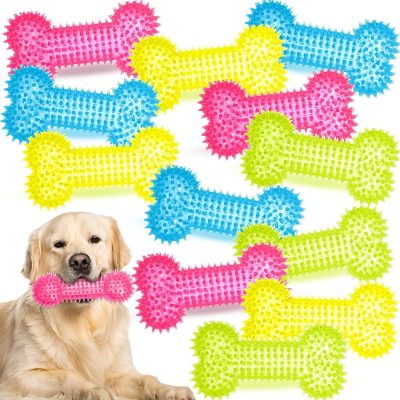 Inbelive 12 Pack Squeaky Dog Toy 6'' Bone Chew Toy Rubber Bone Toy Dogs Spiky Dog Toy for Medium and Large Dogs Teeth Cleaning and Training Aggressive Chewers, 4 Colors