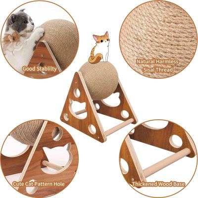 Inbelive Cat Toys Sisal Scratcher Ball, Natural Sisal Cat Scratching Ball, Cat Scratcher Toy with Ball, Scratching Ball for Cats and Kittens, Interactive Solid Wood Scratcher Pet Toy, Diameter 6.5 Inch