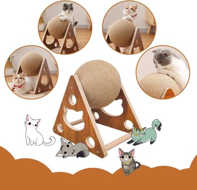 Inbelive Cat Toys Sisal Scratcher Ball, Natural Sisal Cat Scratching Ball, Cat Scratcher Toy with Ball, Scratching Ball for Cats and Kittens, Interactive Solid Wood Scratcher Pet Toy, Diameter 6.5 Inch