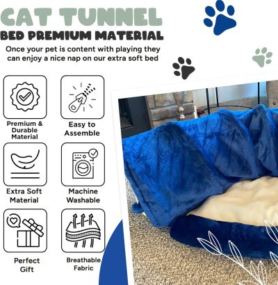 Inbelive Cat Tunnel and Bed Toy Set with Removable Plush Bed for Indoor Use; Perfect for Cats, Dogs, and Ferrets; Cat Toys Attached; Top Pet Tunnel for Fun, Exercise, and Rest; Cat Toys for Indoor Cats (Blue).