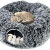 Inbelive Plush Cat Tunnel Bed for Indoor Cats, Collapsible Cat Donut Tunnel with Central Mat, Fluffy Cat Cave Tube with Hanging Ball for Cat Kitten Rabbit Puppy Ferret