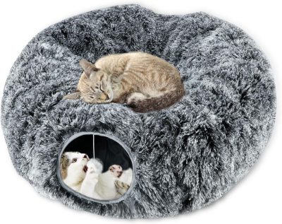 Inbelive Plush Cat Tunnel Bed for Indoor Cats, Collapsible Cat Donut Tunnel with Central Mat, Fluffy Cat Cave Tube with Hanging Ball for Cat Kitten Rabbit Puppy Ferret