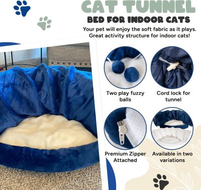 Inbelive Cat Tunnel and Bed Toy Set with Removable Plush Bed for Indoor Use; Perfect for Cats, Dogs, and Ferrets; Cat Toys Attached; Top Pet Tunnel for Fun, Exercise, and Rest; Cat Toys for Indoor Cats (Blue).