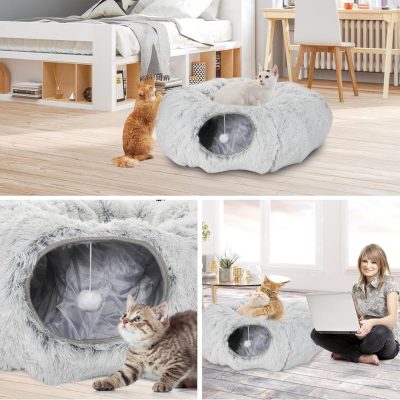 Inbelive Plush Cat Tunnel Bed for Indoor Cats, Collapsible Cat Donut Tunnel with Central Mat, Fluffy Cat Cave Tube with Hanging Ball for Cat Kitten Rabbit Puppy Ferret