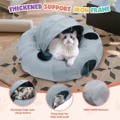 Inbelive Cat Tunnel Bed, Indoor Cat Tunnels with Hanging Balls, Peepholes, and Washable Mat, Green