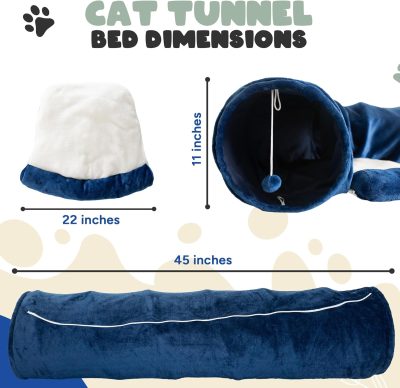 Inbelive Cat Tunnel and Bed Toy Set with Removable Plush Bed for Indoor Use; Perfect for Cats, Dogs, and Ferrets; Cat Toys Attached; Top Pet Tunnel for Fun, Exercise, and Rest; Cat Toys for Indoor Cats (Blue).