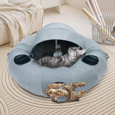 Inbelive Cat Tunnel Bed, Indoor Cat Tunnels with Hanging Balls, Peepholes, and Washable Mat, Green