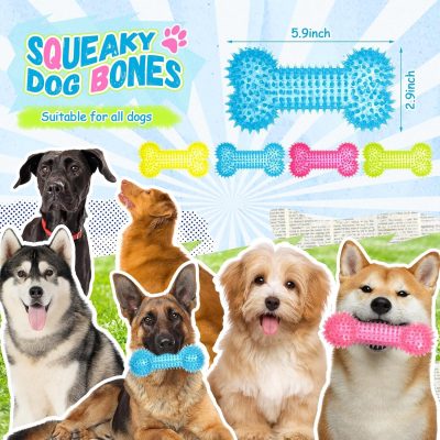Inbelive 12 Pack Squeaky Dog Toy 6'' Bone Chew Toy Rubber Bone Toy Dogs Spiky Dog Toy for Medium and Large Dogs Teeth Cleaning and Training Aggressive Chewers, 4 Colors