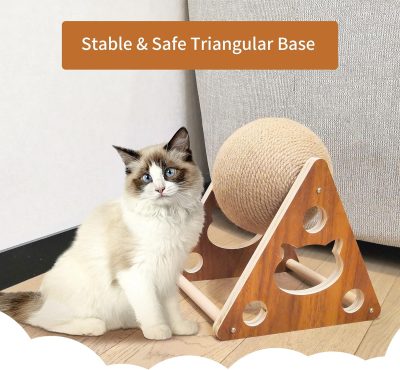 Inbelive Cat Toys Sisal Scratcher Ball, Natural Sisal Cat Scratching Ball, Cat Scratcher Toy with Ball, Scratching Ball for Cats and Kittens, Interactive Solid Wood Scratcher Pet Toy, Diameter 6.5 Inch