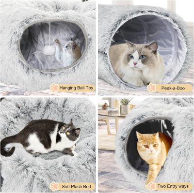 Inbelive Plush Cat Tunnel Bed for Indoor Cats, Collapsible Cat Donut Tunnel with Central Mat, Fluffy Cat Cave Tube with Hanging Ball for Cat Kitten Rabbit Puppy Ferret