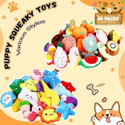 Inbelive 80 Pcs Dog Squeaky Toys Bulk for Small Puppy Dog Stuffed Plush Chew Toys Small Medium Dogs PET Toys with Squeakers for Puppies Teething (Novel Style)