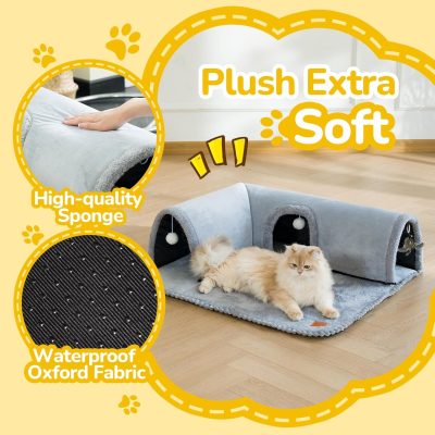 Inbelive Cat Tunnel Bed Indoor: Detachable Kitty Pet Play Tube - Washable Kitten Cave Mat with Ball Toys