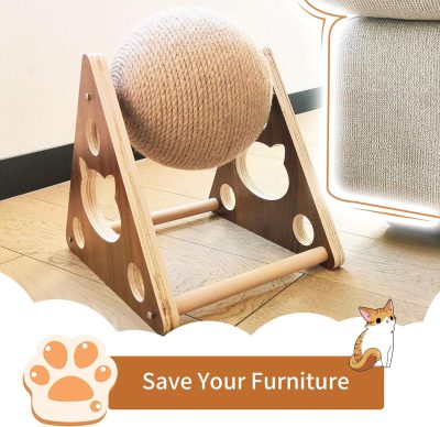 Inbelive Cat Toys Sisal Scratcher Ball, Natural Sisal Cat Scratching Ball, Cat Scratcher Toy with Ball, Scratching Ball for Cats and Kittens, Interactive Solid Wood Scratcher Pet Toy, Diameter 6.5 Inch