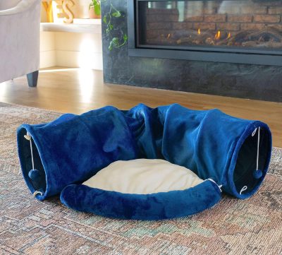 Inbelive Cat Tunnel and Bed Toy Set with Removable Plush Bed for Indoor Use; Perfect for Cats, Dogs, and Ferrets; Cat Toys Attached; Top Pet Tunnel for Fun, Exercise, and Rest; Cat Toys for Indoor Cats (Blue).
